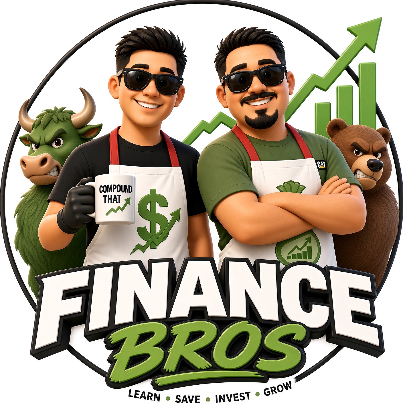 Finance Bros cartoon logo with two brothers, a bull, a bear and a rising market chart